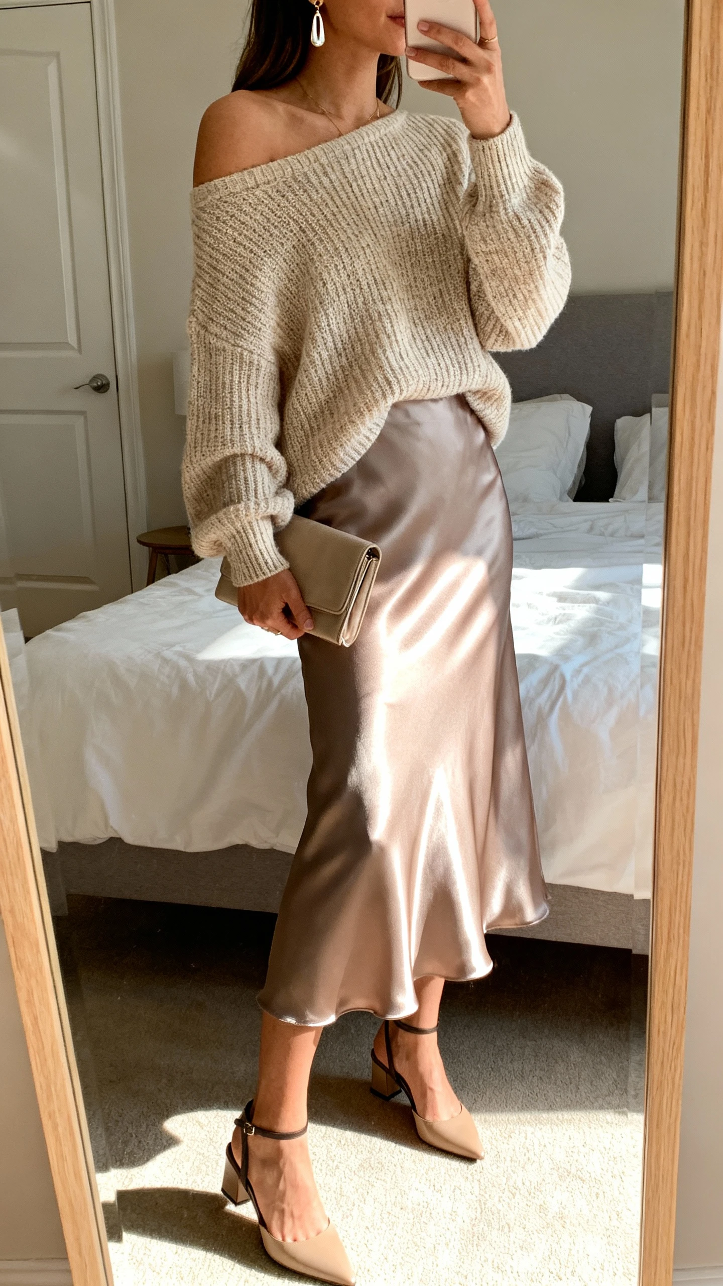iPhone side-angle mirror selfie of a woman wearing a satin midi skirt with an off-shoulder knit sweater, slingback heels, delicate drop earrings, clutch, face not visible, cropped at shoulders, bedroom mirror, natural afternoon light, iPhone photo quality