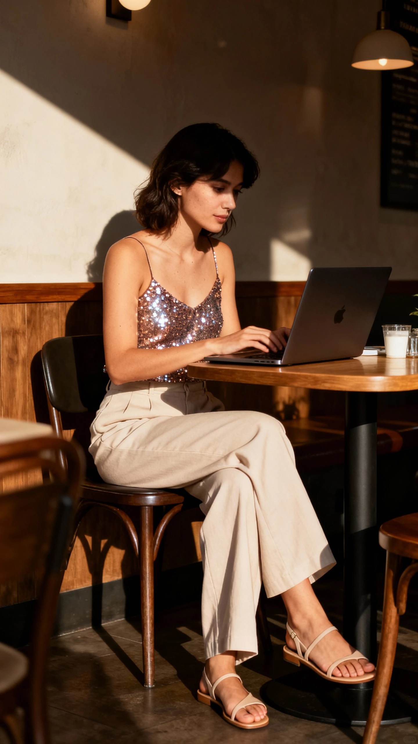Natural lifestyle photo of a woman in a sequined camisole with wide-leg trousers and minimalist sandals, working on a laptop at a cafe table, face in shadow, warm ambient light, iPhone photo quality, unstaged.