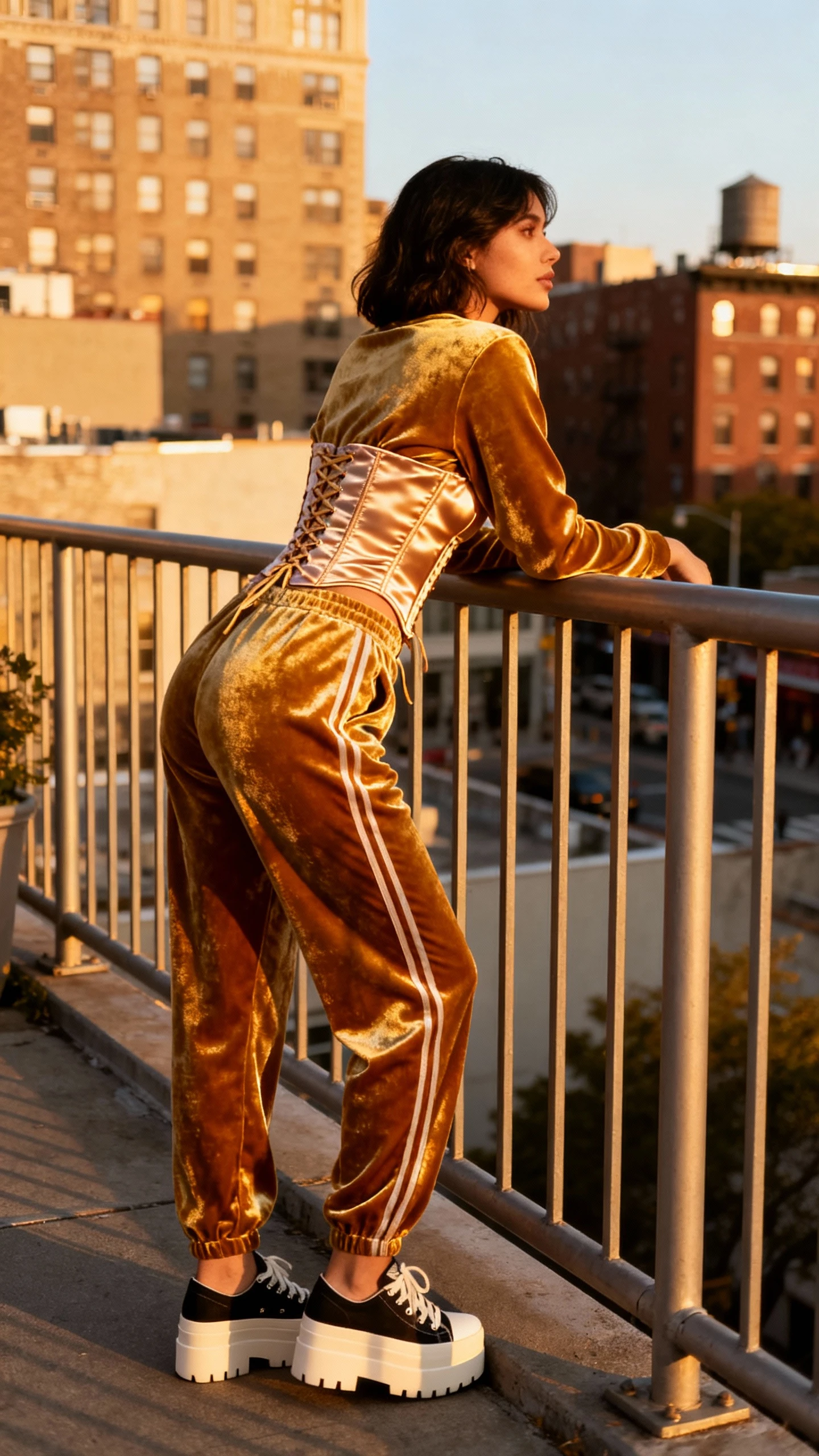 Natural lifestyle photo of a woman in a shiny velour tracksuit with a satin corset top and platform sneakers, leaning on a city railing, face looking away, golden hour light, iPhone photo quality, unstaged.