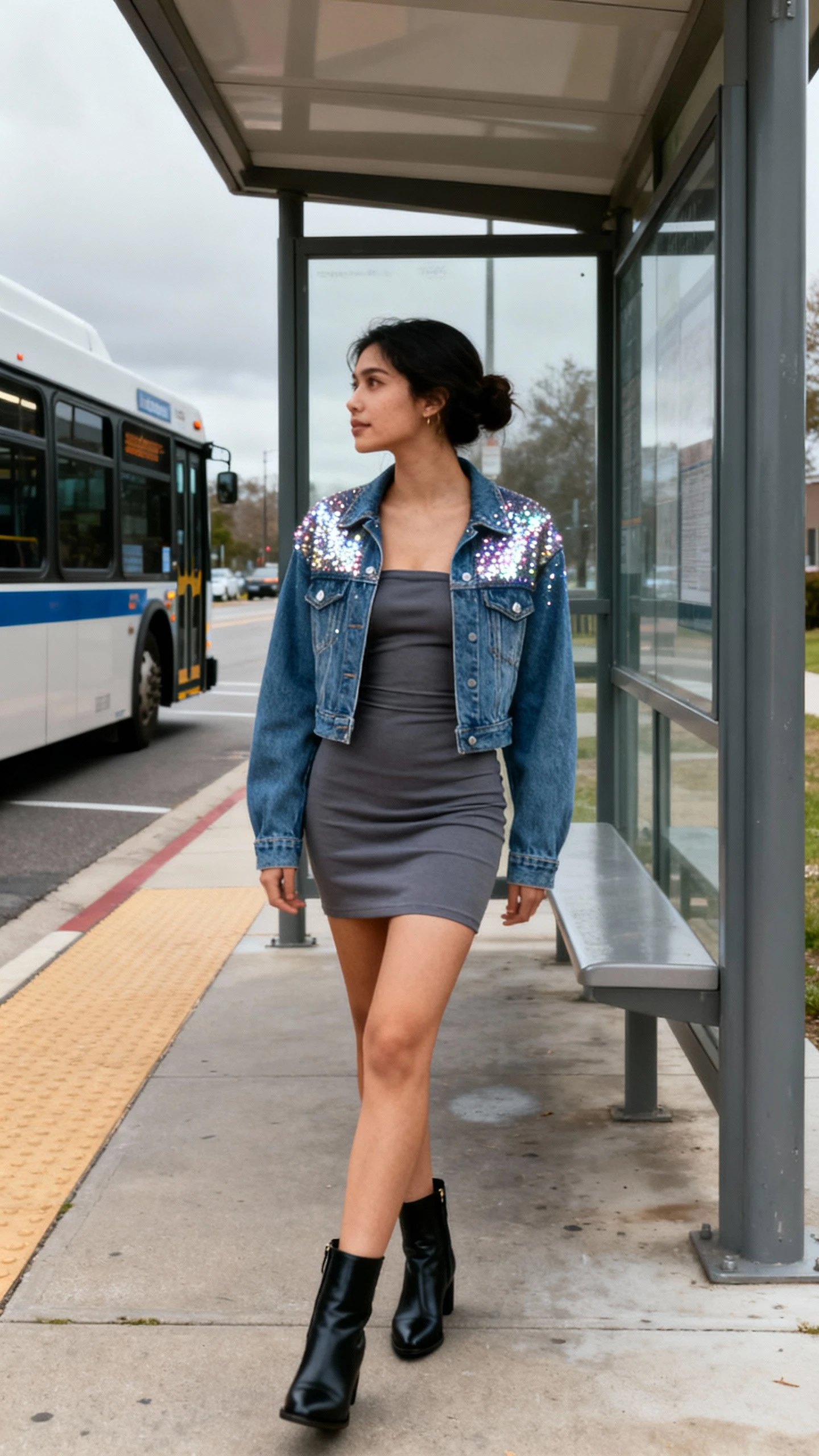 Natural lifestyle photo of a woman in a tube dress with a denim jacket featuring glitter details and ankle boots, waiting at a bus stop, face looking away, overcast daylight, iPhone photo quality, unstaged.