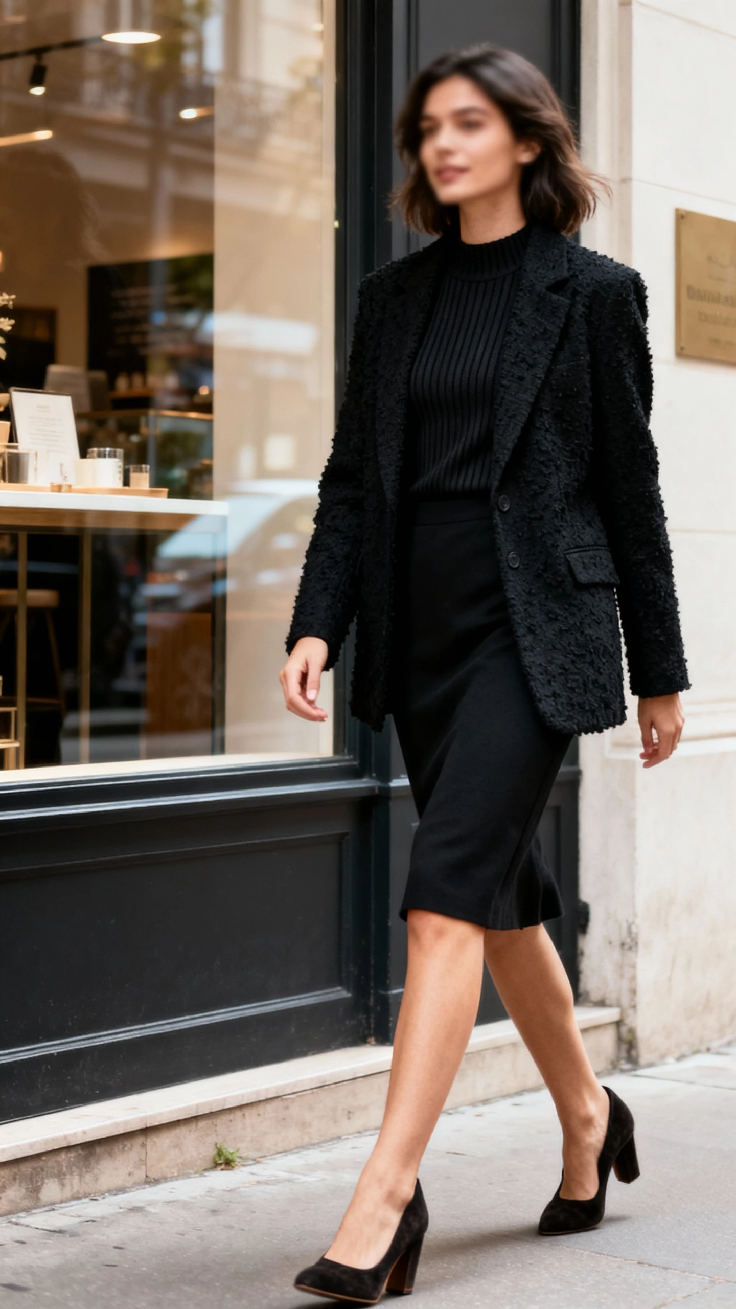 Natural lifestyle photo of a woman in an all-black textured look: black blazer, black skirt, ribbed knit top, and suede heels, walking past a storefront, face slightly blurred, soft daylight reflections, iPhone photo quality.