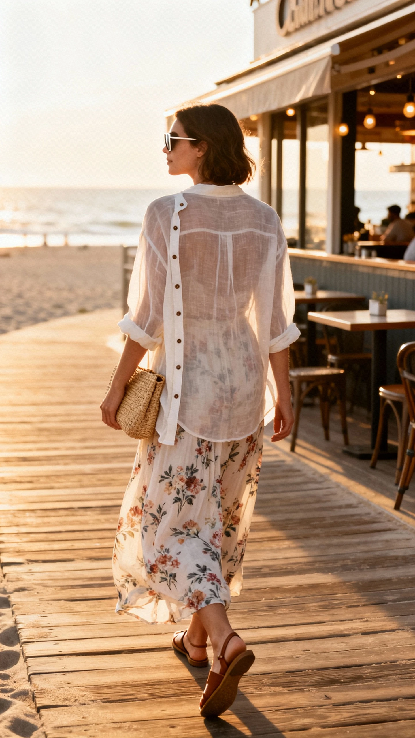 Natural lifestyle photo of a woman wearing a breezy floral maxi dress with a sheer linen button-down left open, flat leather sandals, a raffia clutch, and oversized sunglasses, walking from the beach boardwalk toward a seaside cafe at golden hour, face looking away, iPhone photo quality, unstaged.