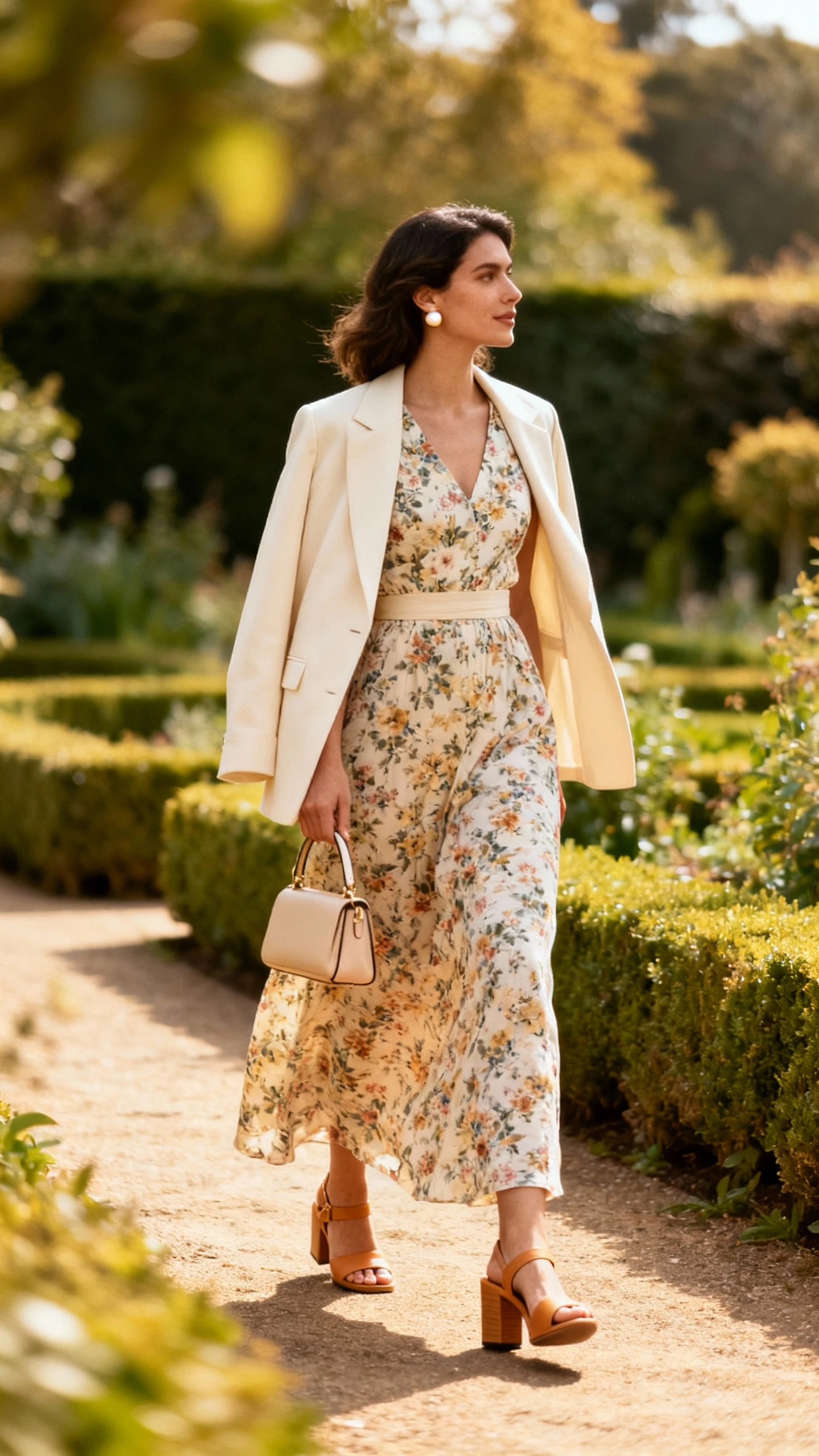 Natural lifestyle photo of a woman wearing a floral maxi dress with a fitted waist, pearl-stud earrings, a structured cream blazer draped over shoulders, tan block-heel sandals, and a small top-handle bag, strolling through a manicured garden path, face looking away, soft daylight, iPhone photo quality, candid and unstaged.