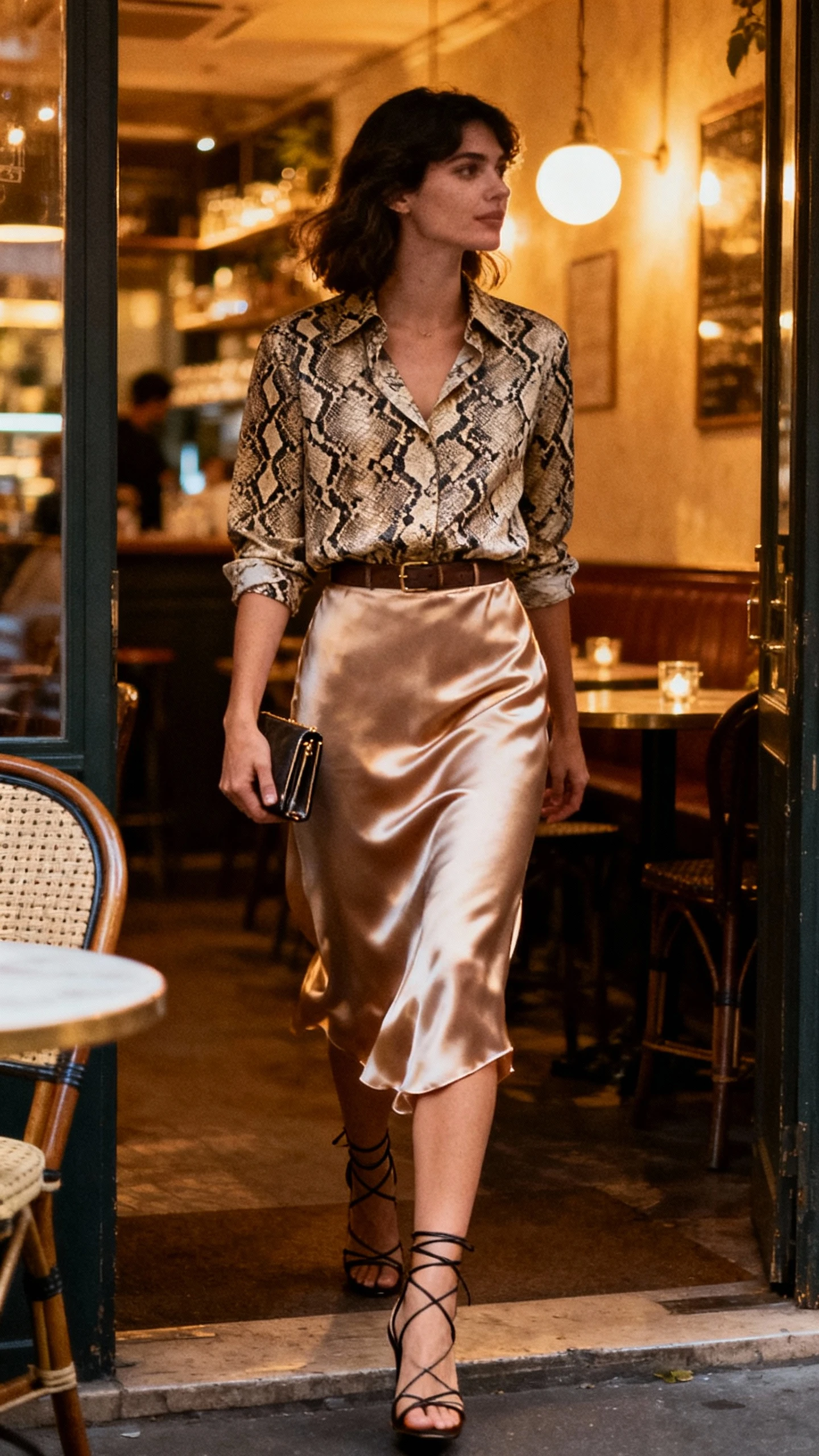 Natural lifestyle photo of a woman wearing a snakeskin blouse tucked into a satin slip skirt with strappy heels and a small clutch, stepping out of a cozy bistro, face in shadow, warm evening ambient light, iPhone photo quality, unstaged.