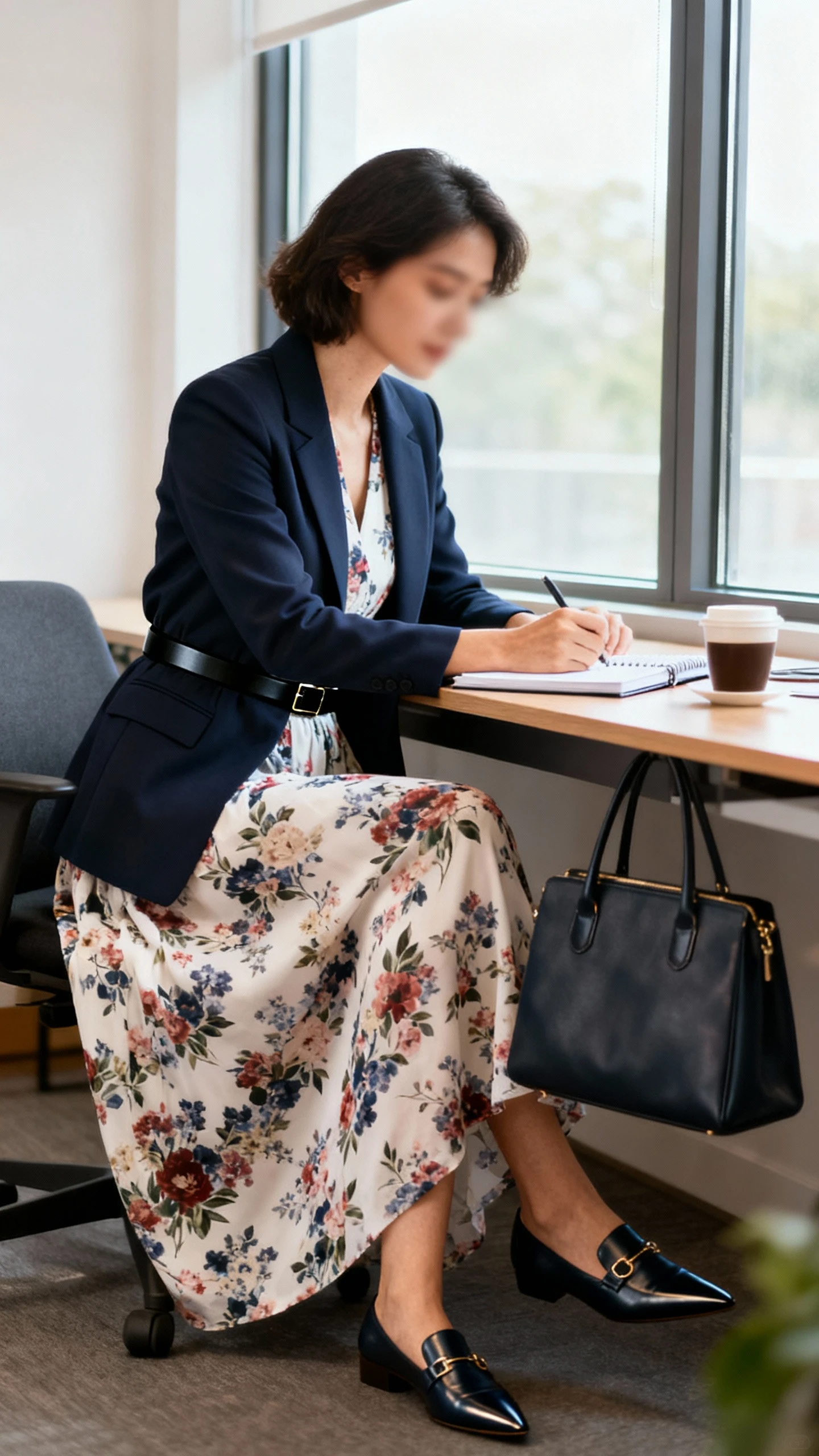 Natural office photo of a woman wearing a tailored floral maxi dress cinched with a slim black belt, a structured navy blazer, pointed-toe loafers, and a sleek tote, working at a desk by a window with notebook and coffee, face slightly blurred, soft window light, iPhone photo quality.