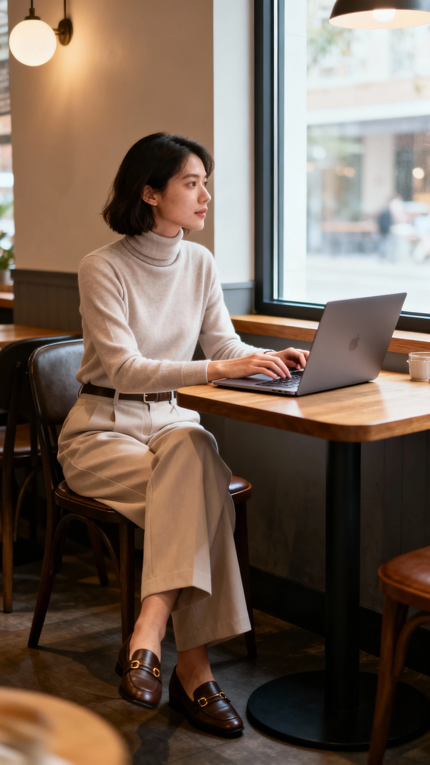 Natural photo of a woman in a soft turtleneck tucked into wide-leg trousers with loafers, sitting at a cafe table typing on a laptop, face looking away, ambient cafe light by the window, candid iPhone quality.