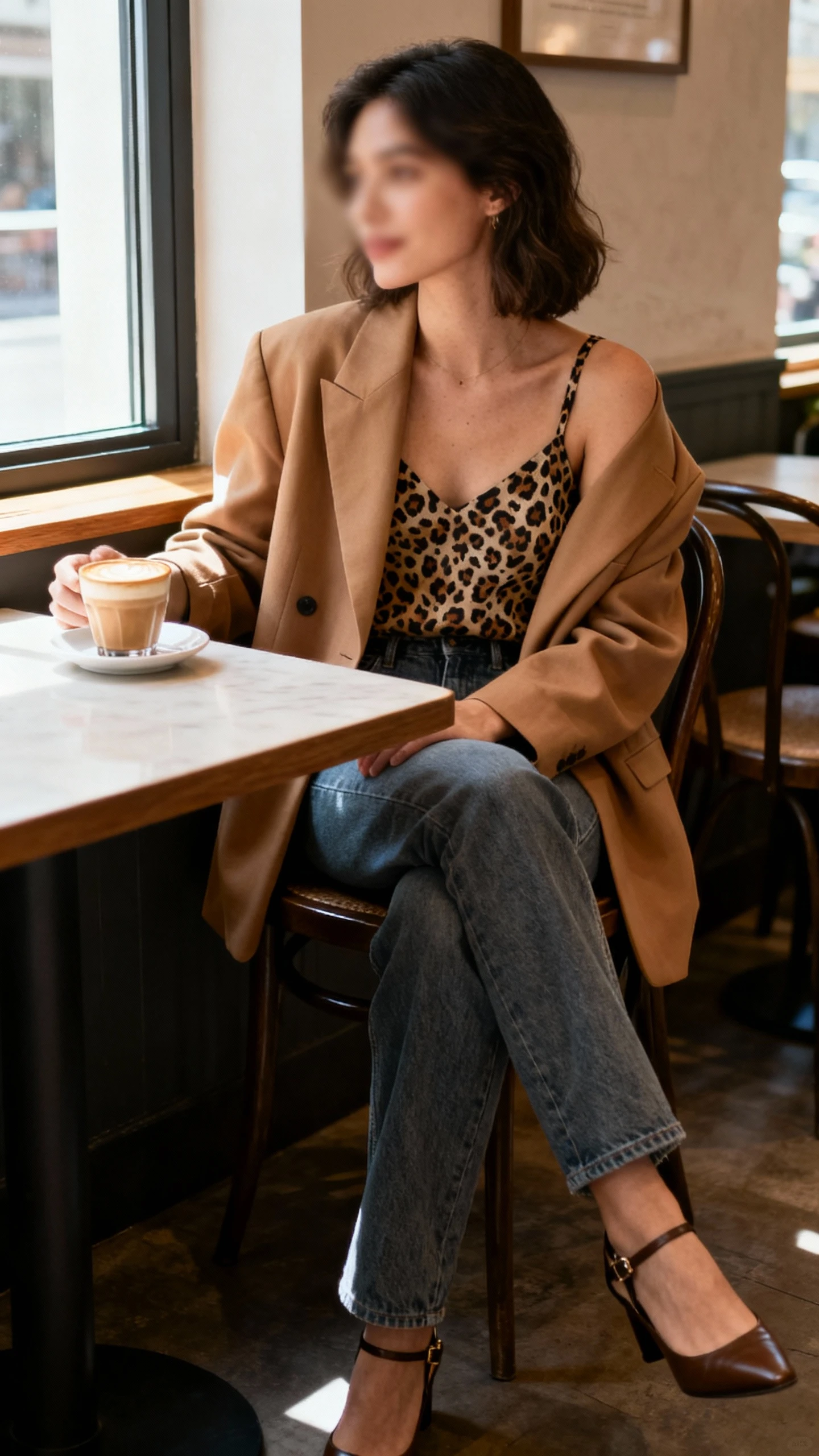 Natural photo of a woman wearing a cheetah print camisole under an oversized camel blazer with straight-leg jeans and slingback heels, sitting at a cafe table with a cappuccino, face slightly blurred, window light, iPhone photo quality, unstaged.