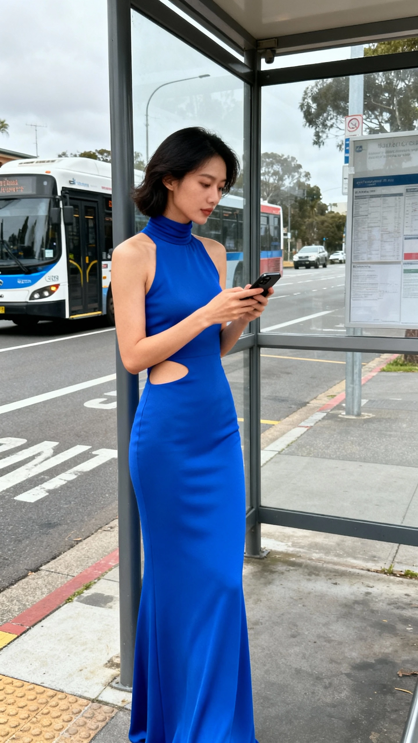 Natural photo of a woman wearing a royal blue high-neck gown with modern cutouts and sleek silhouette, waiting at a bus stop scrolling her phone, face looking away, overcast daylight, iPhone photo quality, unstaged.
