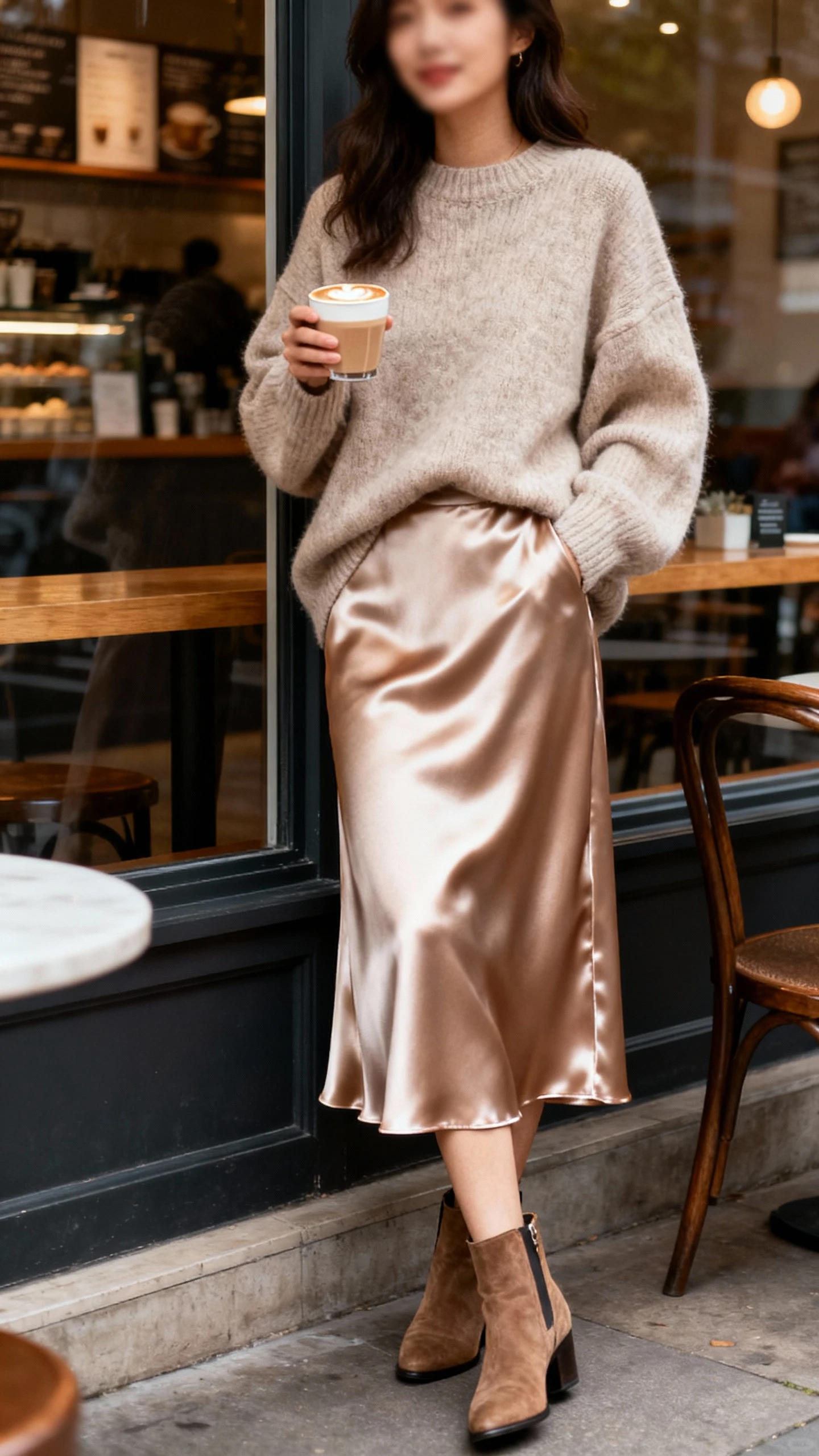 Natural photo of a woman wearing a satin midi skirt with a cozy oversized sweater and ankle booties, standing by a cafe window holding a cappuccino, face slightly blurred, warm ambient light, casual iPhone aesthetic, unstaged.