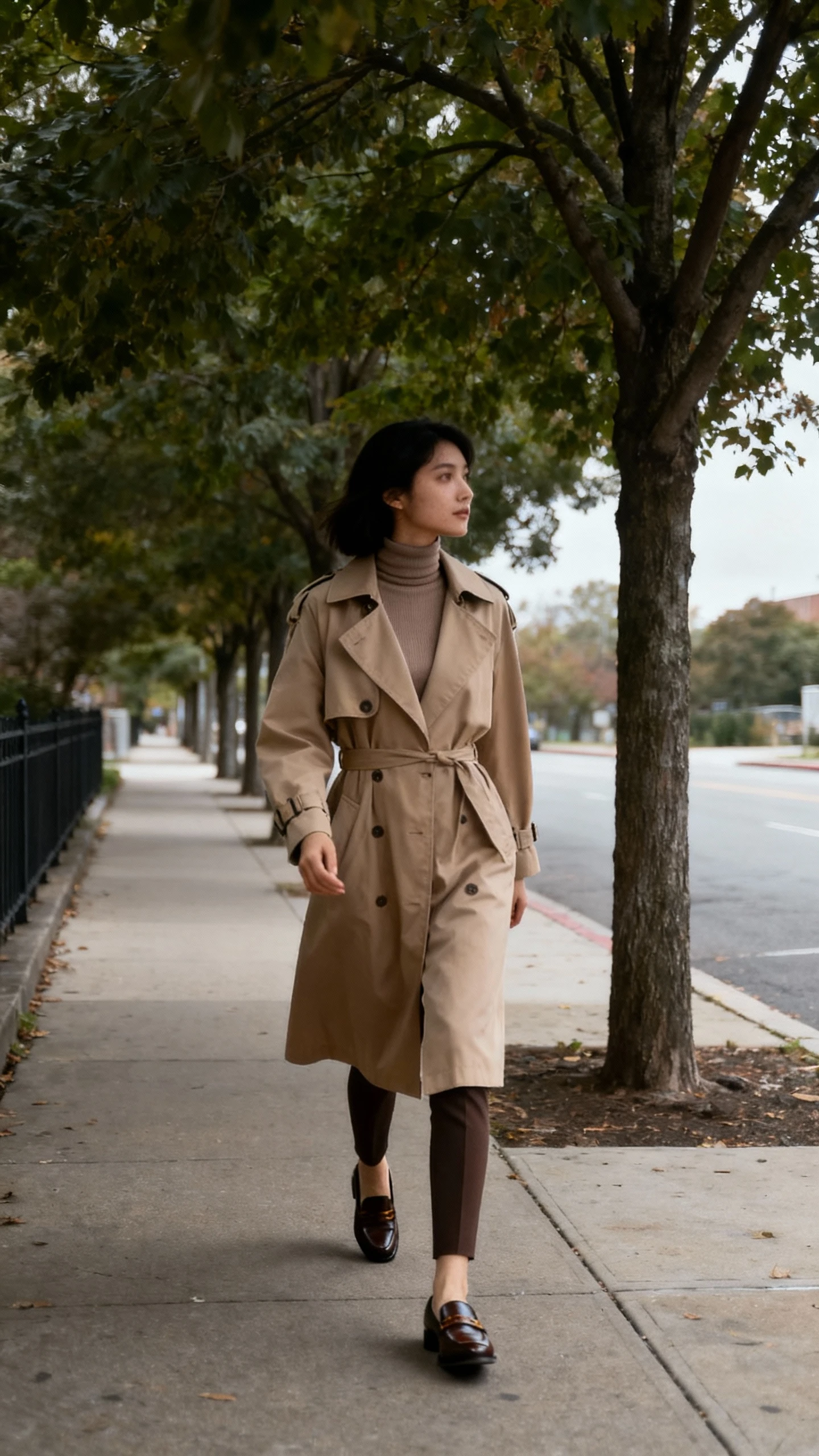 Natural street photo of a woman in a petite-proportioned trench coat over slim layers (fitted turtleneck and narrow pants) with classic loafers, walking under tree-lined sidewalks, face in shadow looking away, overcast light, iPhone capture.