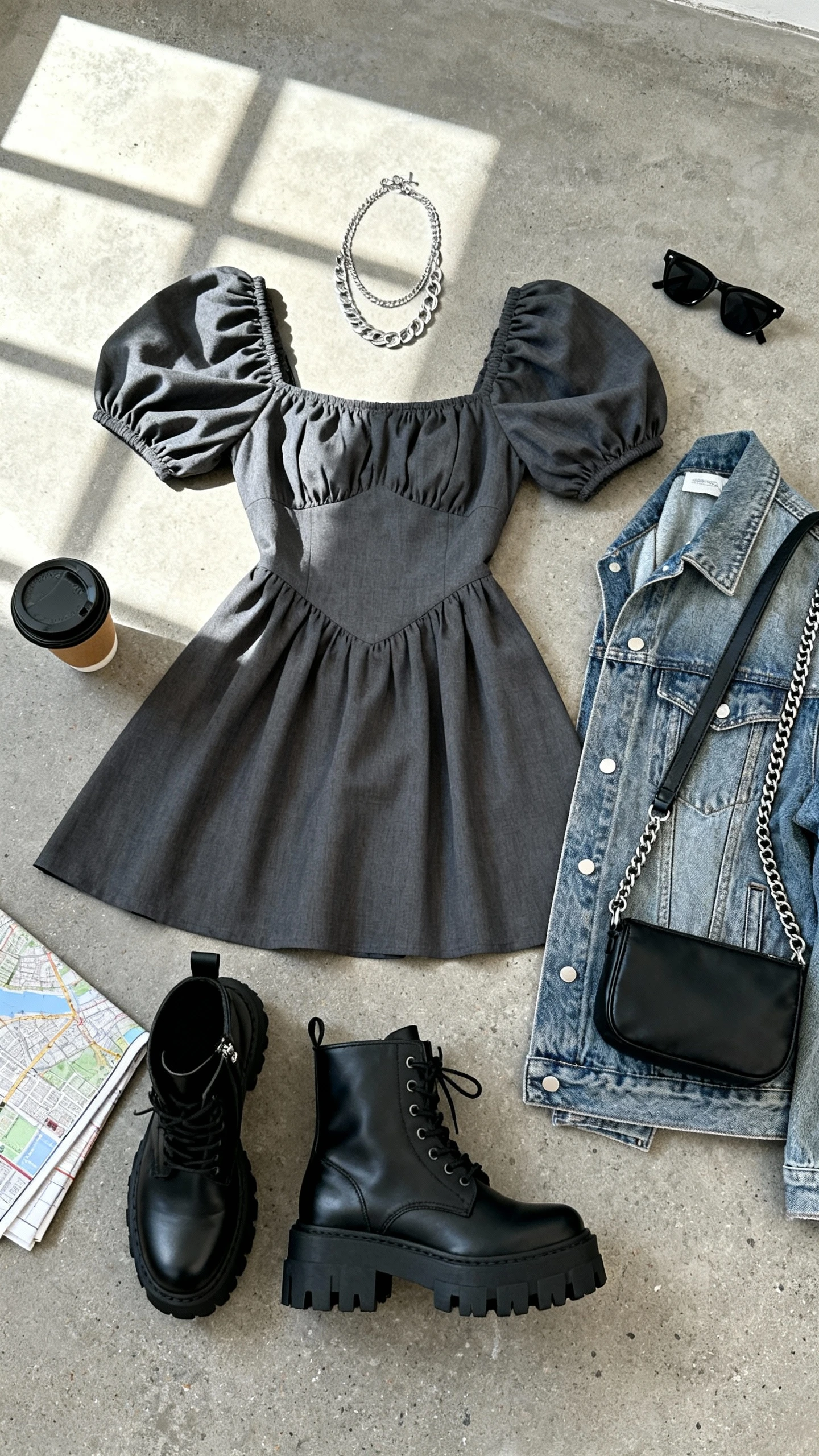 Overhead flat lay of a charcoal puff sleeve mini dress with chunky black combat boots, oversized denim jacket, black crossbody with chain strap, layered silver necklaces, and black sunglasses; a coffee cup and a folded city map as props on a concrete-look surface, bright natural window light, no person visible, organized composition, iPhone photo aesthetic.