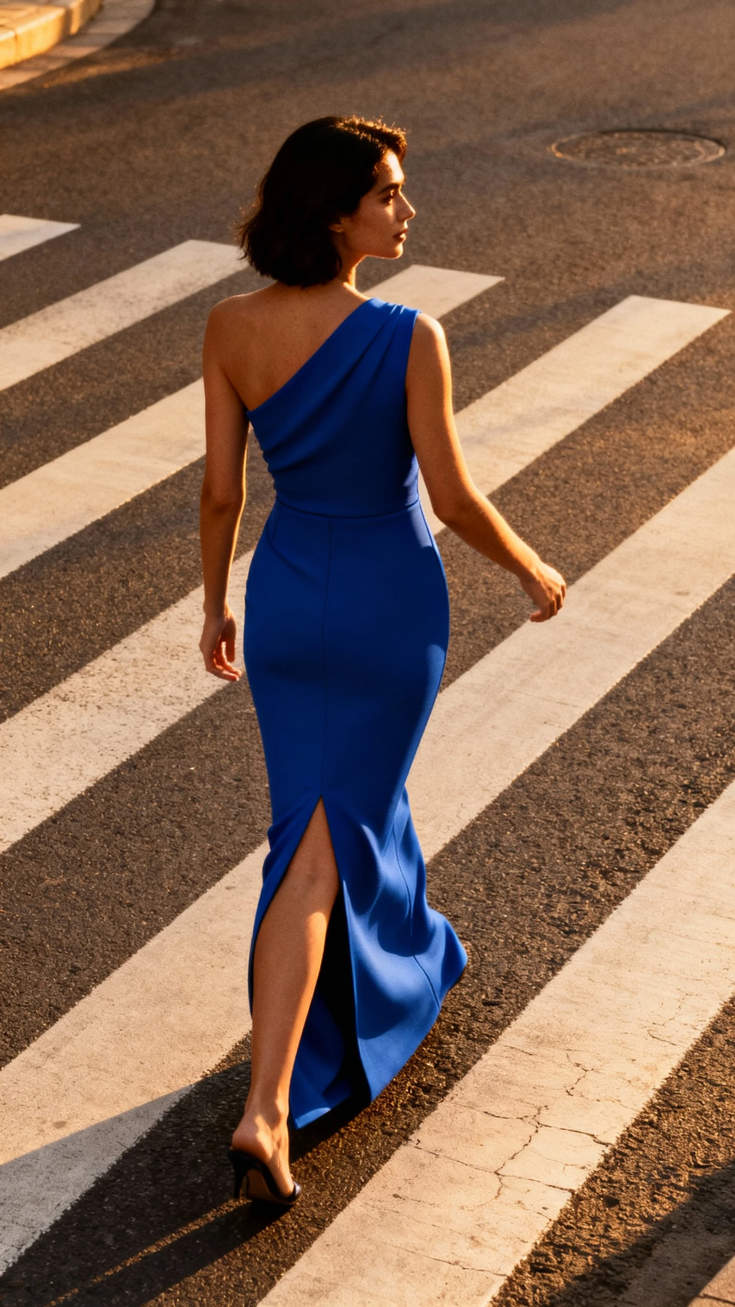 Street-style candid of a woman in a royal blue sculpted one-shoulder gown with a high thigh slit and clean lines, striding across a crosswalk, face in shadow as she turns away, golden hour light, iPhone photo quality.