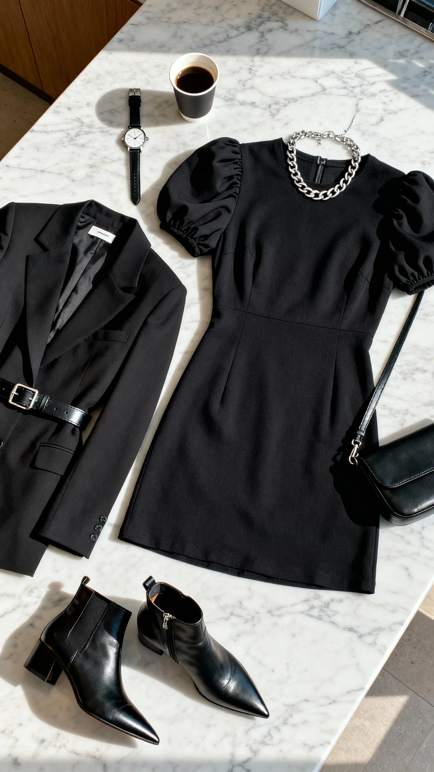 Top-down flat lay of a black puff sleeve mini dress with sleek black pointed-toe ankle boots, structured black blazer, silver chain necklace, black leather belt, and minimalist black crossbody; a watch and a coffee cup as props on a marble countertop, bright natural light, no person visible, clean organized composition, iPhone photo aesthetic.