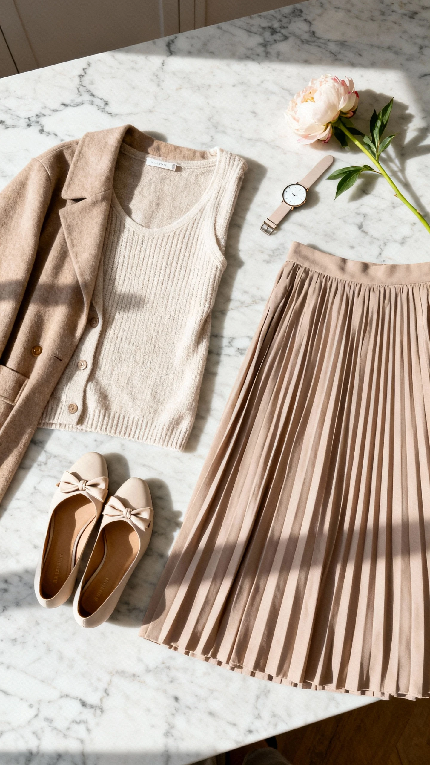 Top-down flat lay of D’Orsay bow flats, pleated midi skirt, cardigan coat, and a soft knit shell on a marble countertop, with a minimalist watch and a peony stem, bright natural light, no person visible, organized composition, iPhone photo aesthetic.