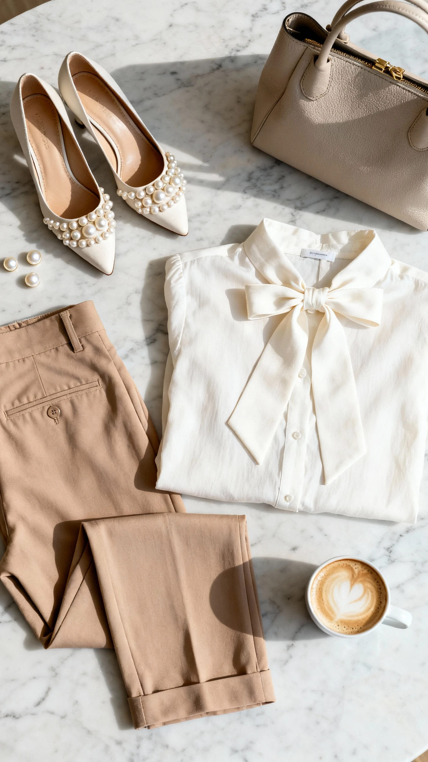 Top-down flat lay of pearl-embellished kitten heels, cropped trousers, bow-tie blouse, and structured tote on a marble surface, pearl studs and a cappuccino as props, bright natural light, no person visible, organized composition, iPhone photo aesthetic.