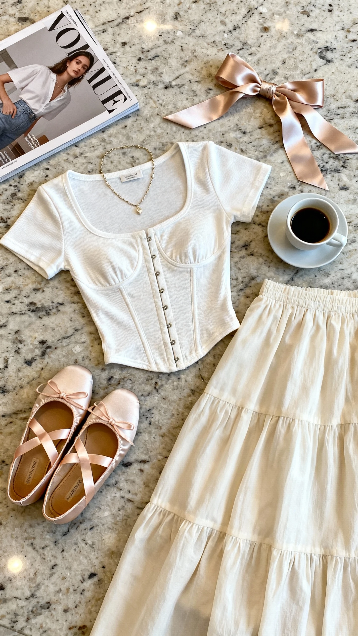 Top-down flat lay of ribbon ballet flats, corset-style tee, flowy midi skirt, delicate necklace, and a satin hair ribbon on a marble countertop, with a fashion magazine and espresso cup, bright natural light, no person visible, organized composition, iPhone photo aesthetic.
