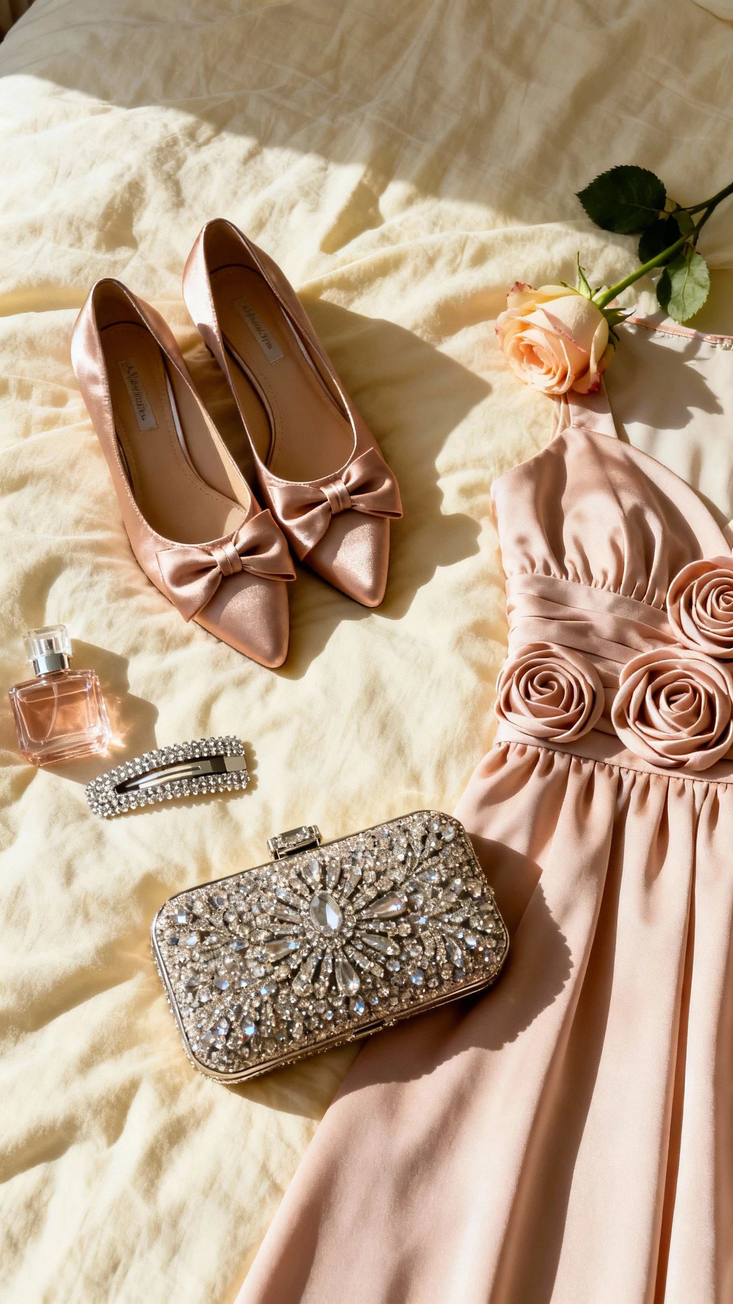 Top-down flat lay of satin bow pumps, rosette-detail party dress, jeweled clutch, and sparkly hair clip arranged on a cream bedspread, with a single rose and perfume bottle, bright natural light, no person visible, organized composition, iPhone photo aesthetic.