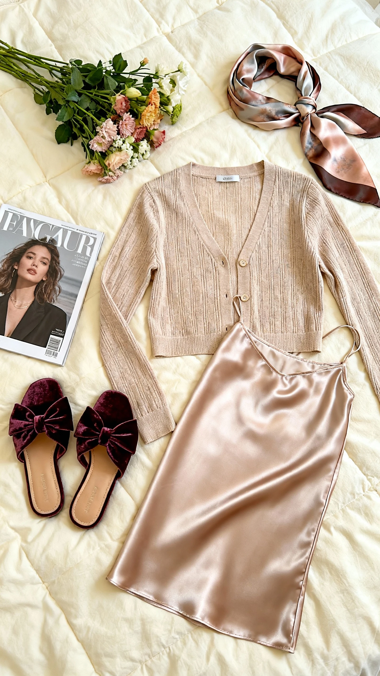 Top-down flat lay of velvet bow mules, satin slip skirt, matching cardigan set, and a silk scarf on a cream bedspread, with fresh flowers and a glossy magazine, bright natural light, no person visible, organized composition, iPhone photo aesthetic.
