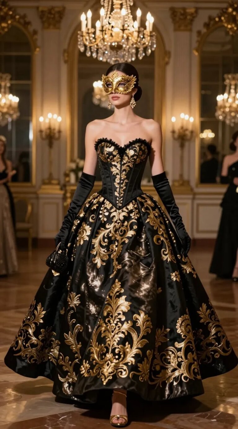 Ultra-realistic fashion photography of a woman at an opulent masquerade ball, wearing a dramatic black brocade ballgown with intricate gold baroque embroidery. The gown features a structured corset bodice with subtle boning, a sweeping full skirt, and a modern, shadowy metallic sheen. She wears a delicate gold filigree half-mask that frames her eyes, opera-length black satin gloves, gold strappy heels barely visible beneath the hem, and statement chandelier earrings that catch warm candlelight. Setting: grand palace ballroom with marble floors, towering gilded mirrors, crystal chandeliers, and moody chiaroscuro lighting highlighting textures and metallic details. Palette: black, antique gold, and soft amber. Composition: three-quarter body shot as she glides mid-step, slight motion in the skirt, confident posture and poised gaze. Styling: sleek, low chignon; soft smoky eye; luminous skin; minimal clutch. Camera: full-frame, eye-level, 50mm lens, shallow depth of field (bokeh chandeliers), high-resolution, cinematic contrast, rich detail in embroidery and satin. Mood: elegant, dramatic, regal, modern baroque. Lighting: warm rim light and soft key light to emphasize gold-on-black opulence.
