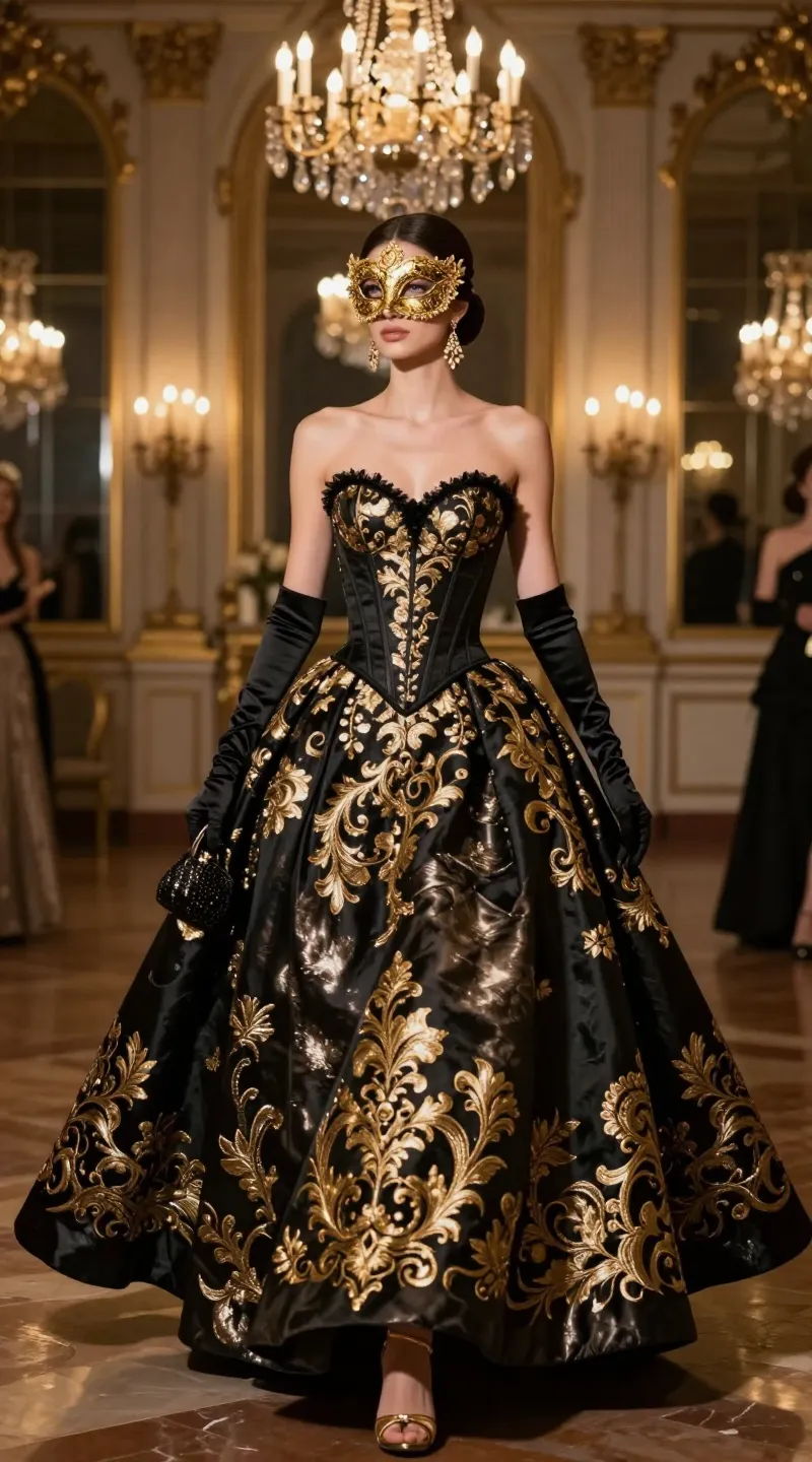 Ultra-realistic fashion photography of a woman at an opulent masquerade ball, wearing a dramatic black brocade ballgown with intricate gold baroque embroidery. The gown features a structured corset bodice with subtle boning, a sweeping full skirt, and a modern, shadowy metallic sheen. She wears a delicate gold filigree half-mask that frames her eyes, opera-length black satin gloves, gold strappy heels barely visible beneath the hem, and statement chandelier earrings that catch warm candlelight. Setting: grand palace ballroom with marble floors, towering gilded mirrors, crystal chandeliers, and moody chiaroscuro lighting highlighting textures and metallic details. Palette: black, antique gold, and soft amber. Composition: three-quarter body shot as she glides mid-step, slight motion in the skirt, confident posture and poised gaze. Styling: sleek, low chignon; soft smoky eye; luminous skin; minimal clutch. Camera: full-frame, eye-level, 50mm lens, shallow depth of field (bokeh chandeliers), high-resolution, cinematic contrast, rich detail in embroidery and satin. Mood: elegant, dramatic, regal, modern baroque. Lighting: warm rim light and soft key light to emphasize gold-on-black opulence.