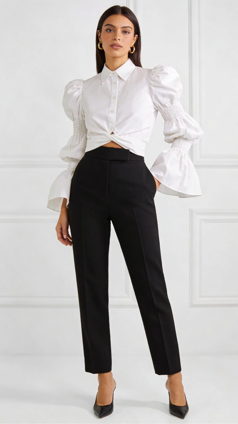 A chic, confident woman wearing a crisp white puff-sleeve blouse with delicate smocking details and dramatic yet elegant sleeves, paired with high-waisted tailored black trousers for a sleek contrast. The blouse is French-tucked to accentuate her waist, and her pointed-toe mules add a polished finish. Minimalist gold hoop earrings provide subtle sophistication. The setting is a bright, modern studio with soft lighting, capturing her poised stance and the effortless volume of the sleeves. The image exudes contemporary elegance and confidence, as if she effortlessly commands attention with this balanced, trendy ensemble.