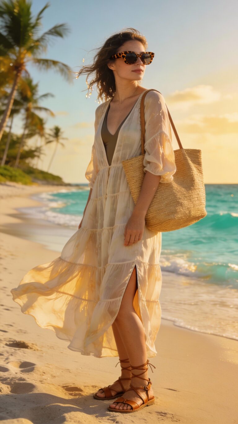 **Image Prompt:** "A stylish woman standing on a sunlit Florida beach, effortlessly chic in a flowy, tiered cover-up dress made of airy chiffon, the fabric catching the ocean breeze with subtle side slits. She wears a sleek swimsuit underneath, paired with strappy leather sandals in tan and an oversized straw tote bag slung over her shoulder. Her look is completed with tortoiseshell sunglasses and slightly tousled, saltwater-kissed hair. The golden hour light enhances the relaxed yet elegant vibe, with palm trees and turquoise waves in the background. The scene captures effortless beach-to-brunch style—carefree, sophisticated, and perfectly sun-kissed."