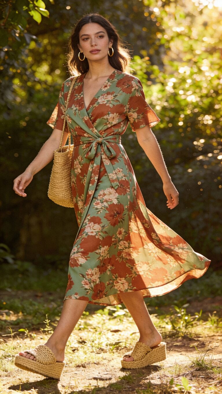**Image Prompt:** "A stylish woman confidently walks through a sunlit garden in a flattering midi-length floral wrap dress with a snug yet comfortable waist tie, showcasing effortless elegance. She wears tan woven espadrilles and carries a chic straw tote bag, while delicate gold hoops add a subtle touch of sophistication. The soft fabric of the dress flows with her movement, highlighting the flattering silhouette. The scene is warm and summery, with dappled sunlight filtering through lush greenery, perfect for a garden party or a stylish daytime outing. The composition is high-fashion yet natural, with a focus on the outfit's details—floral print, woven textures, and minimalist accessories—captured in a soft, editorial style."