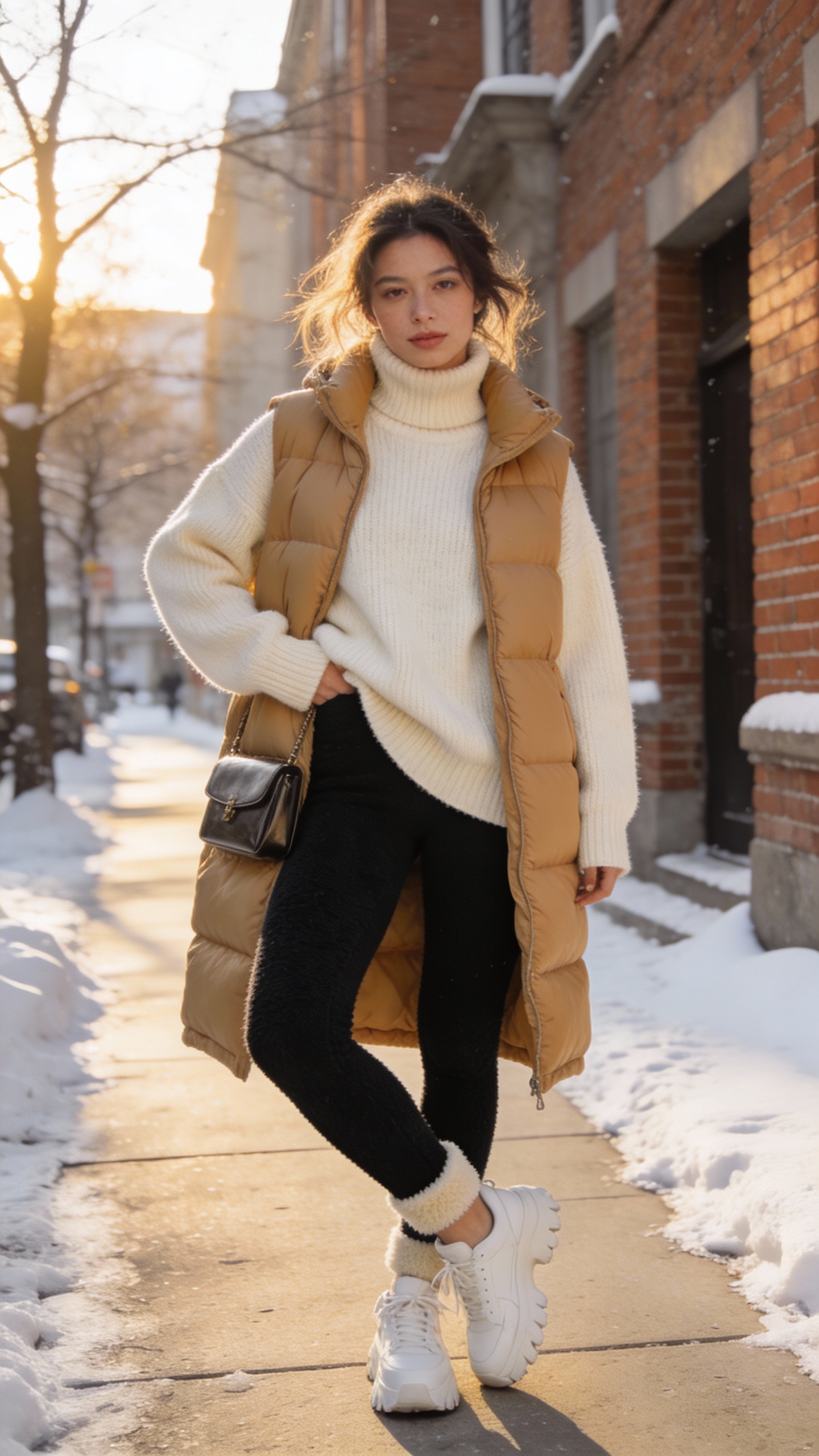 **Image Prompt:** *A stylish woman posing confidently in a cozy winter outfit, standing on a snowy urban street with soft sunlight filtering through. She wears fleece-lined black leggings paired with an oversized cream turtleneck sweater, left untucked for a relaxed look. A longline camel puffer vest adds structure and warmth, layered over the sweater. Her feet are clad in chunky white sneakers for a casual yet chic touch. A sleek mini crossbody bag hangs effortlessly at her side. Her hair is slightly tousled, and she wears minimal makeup with a natural glow. The background features a mix of winter scenery—snow-dusted sidewalks, brick buildings, and bare trees—creating a fashionable yet effortless cold-weather aesthetic. The lighting is soft and flattering, enhancing the textures of the knitwear and puffer vest.*
