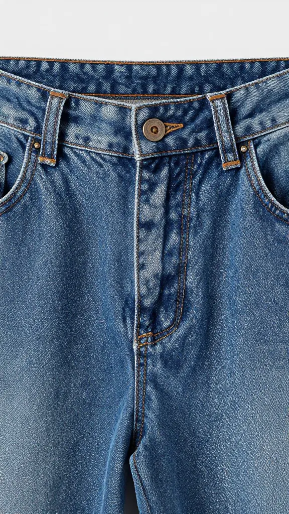 closeup of baggy denim buttoned waist, belt loop focus