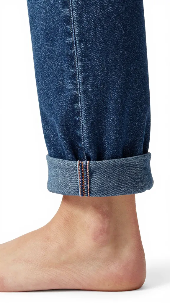closeup of cuffed baggy jeans hem against ankle skin