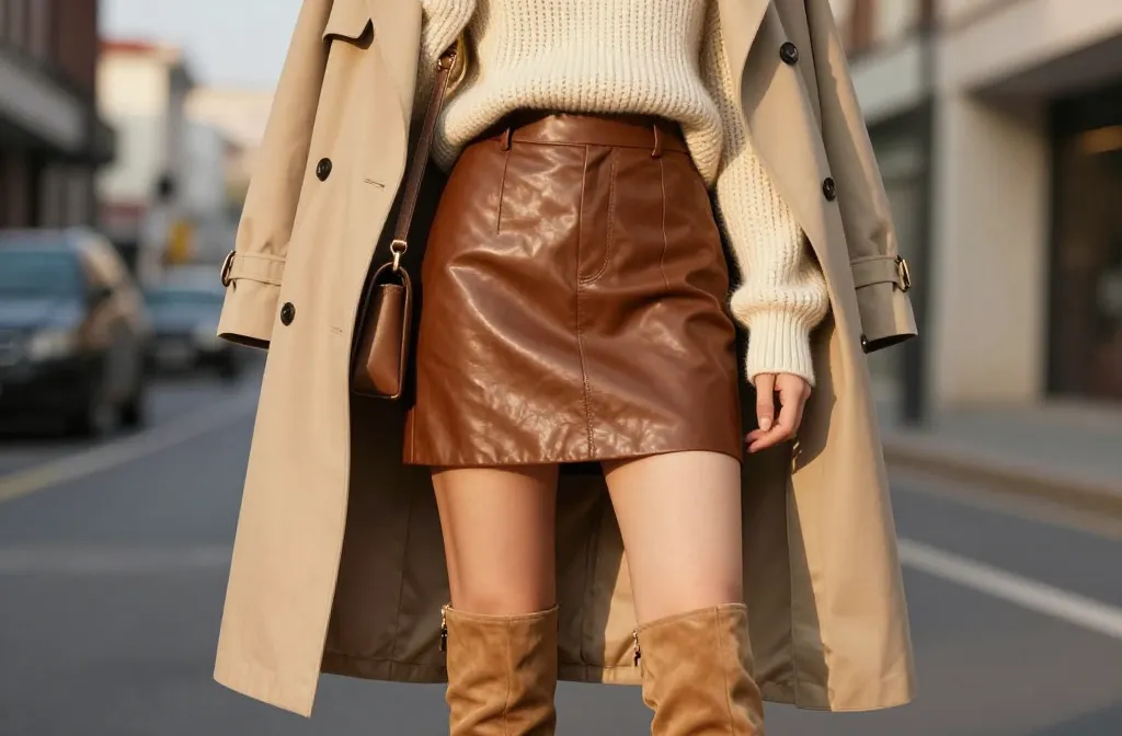 8 Brown Leather Mini Skirt Outfits That Feel Warm and Stylish: Cozy Edition