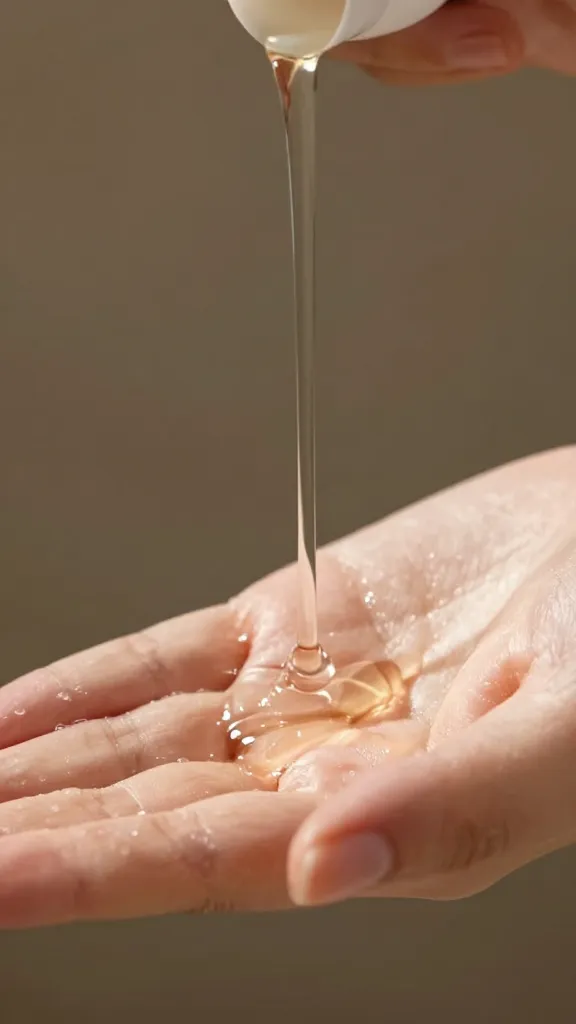 closeup of cleansing oil pouring into palm