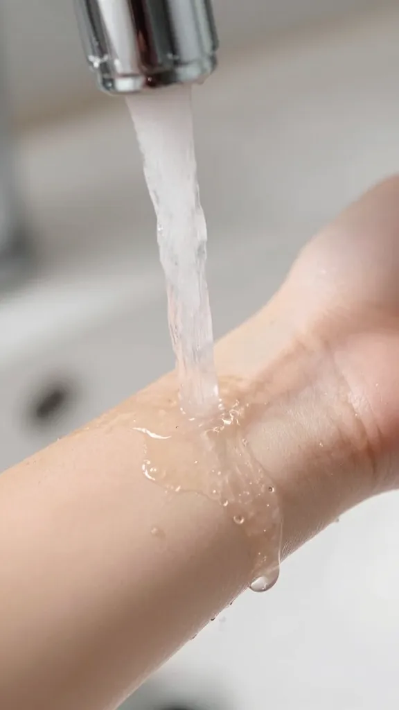 closeup of lukewarm faucet water stream on forearm