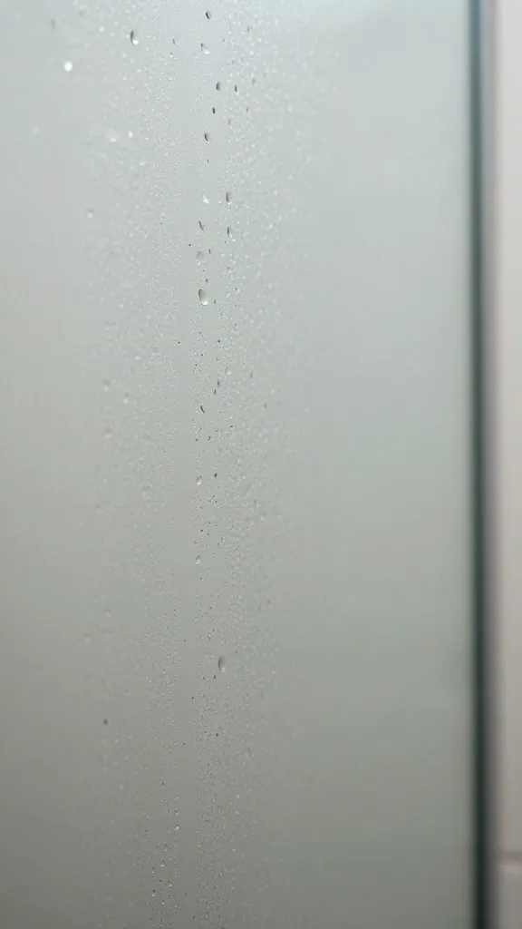 Closeup of lukewarm water droplets on a glass shower boundary