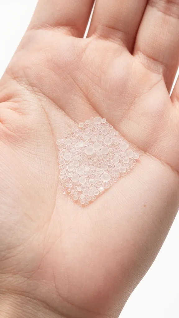 closeup of gentle exfoliator bead texture on palm