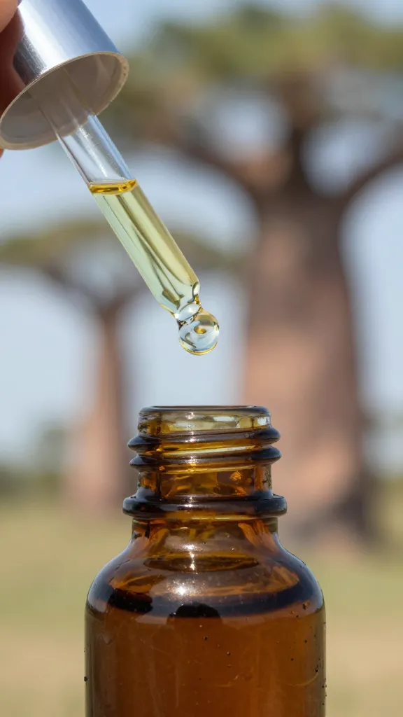 Closeup of baobab oil bottle with dropper in focus