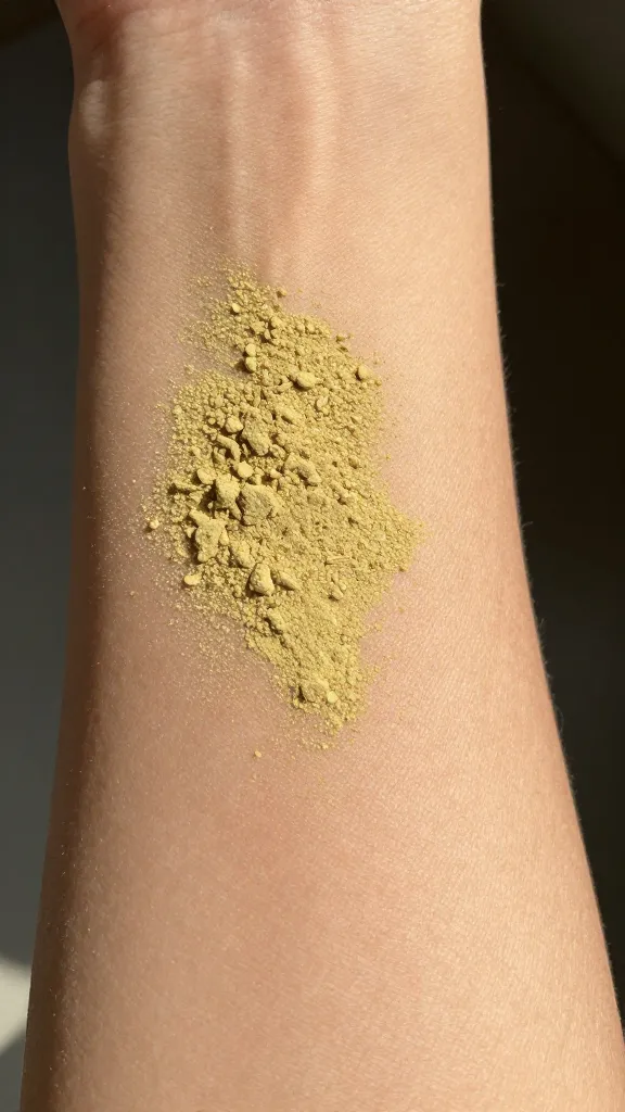 Closeup of moringa powder dusting a smooth forearm