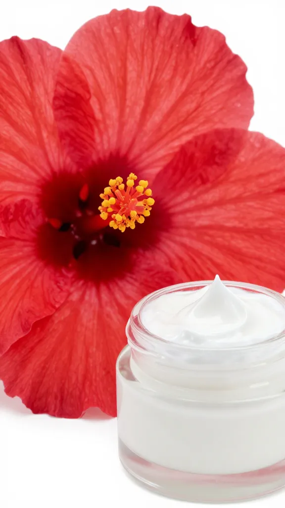 Closeup of a single hibiscus flower beside a jar of cream