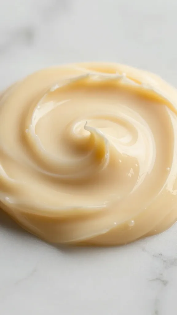 closeup of warm vanilla body cream swirled on marble