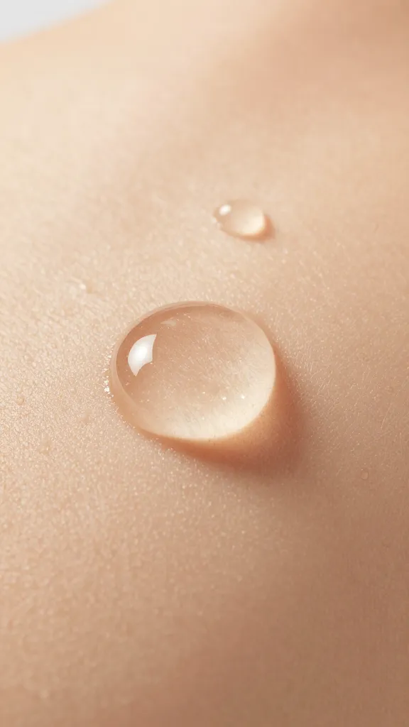 closeup of vanilla-scented bath oil droplets on skin