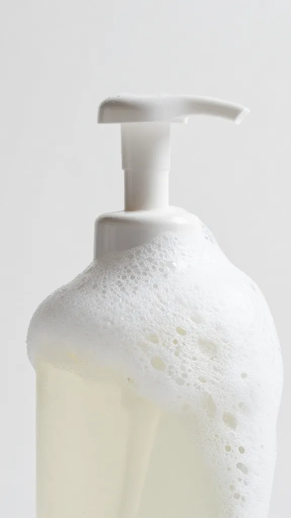 Closeup of a single gentle cleanser bottle with soft foam backdrop
