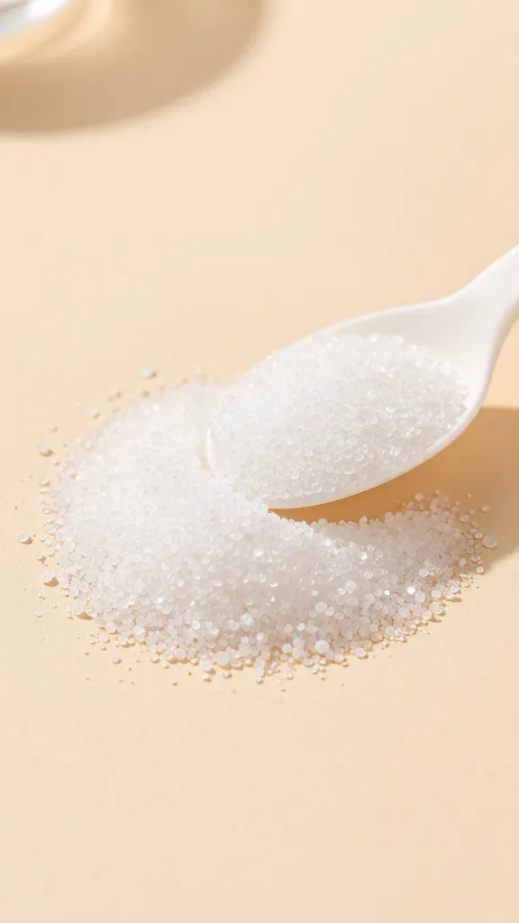 Closeup of a single exfoliant granules scoop on skin-friendly surface