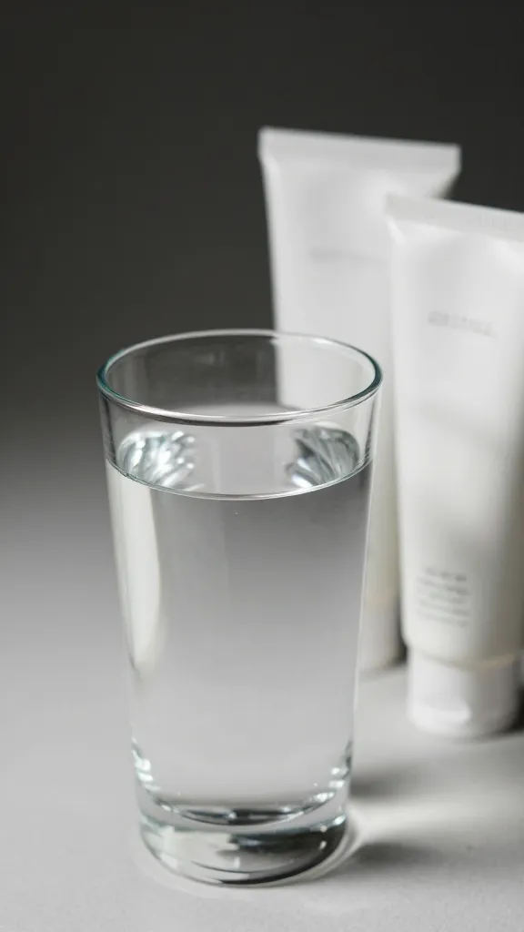 Closeup of a single glass of water beside skincare tubes
