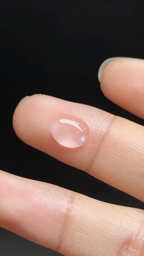 Closeup of a single hydrating serum drop on fingertips