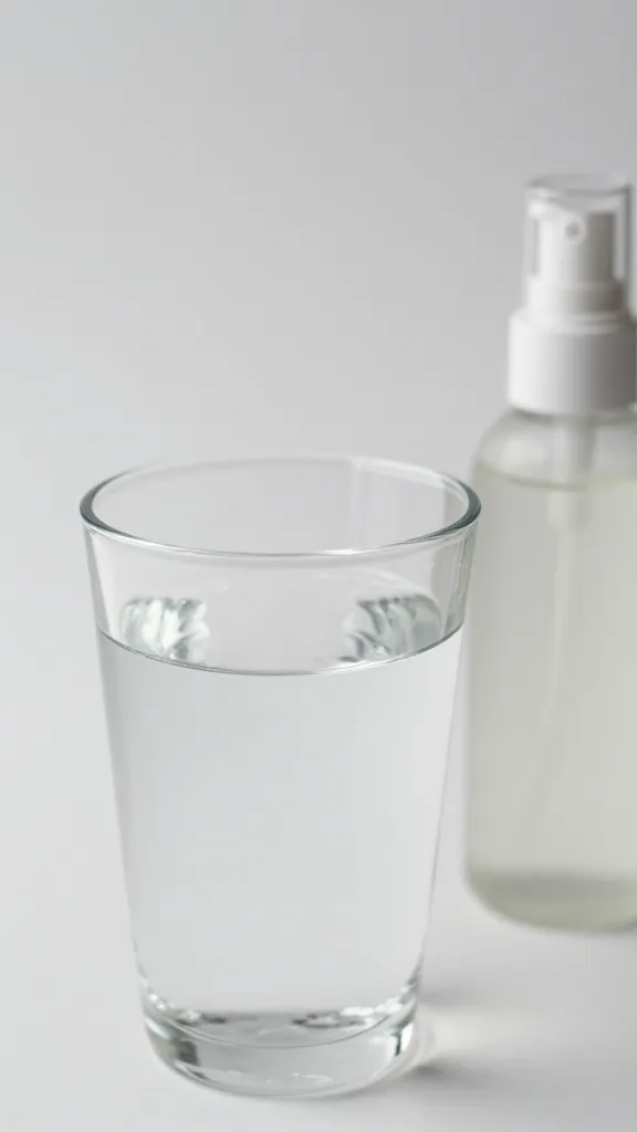 Closeup of a single glass of spring water with a skincare pump bottle nearby