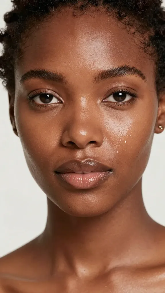 Tight portrait of glowing, hydrated skin under soft light