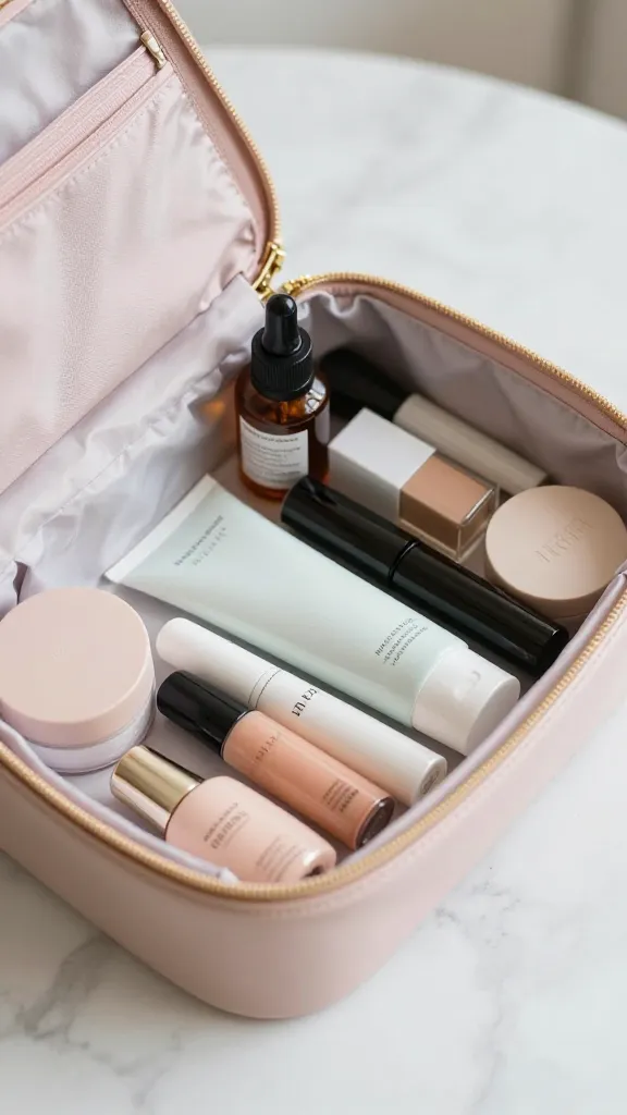 closeup of a compact makeup bag with travel-size bottles