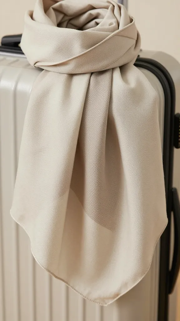 closeup of a color-coordinated travel scarf in neutral with accent color