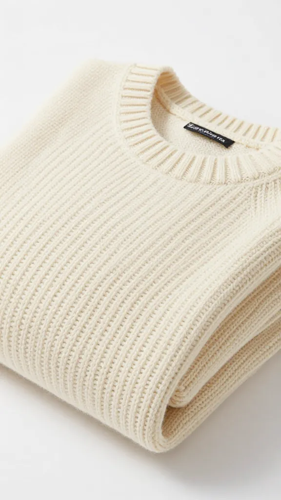 Closeup of oversized cream knit sweater folded neatly