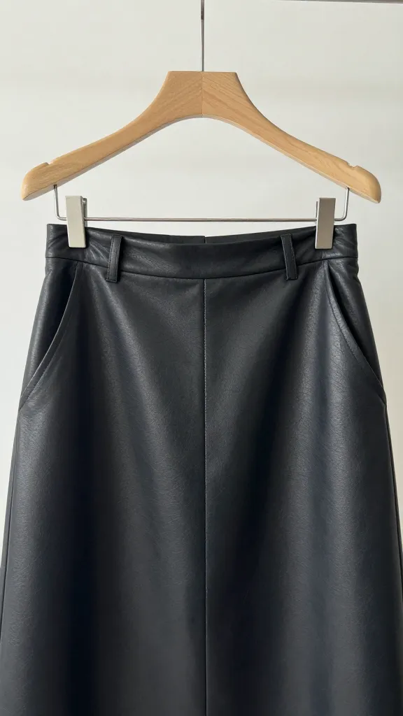 A-line leather skirt on wooden hanger closeup